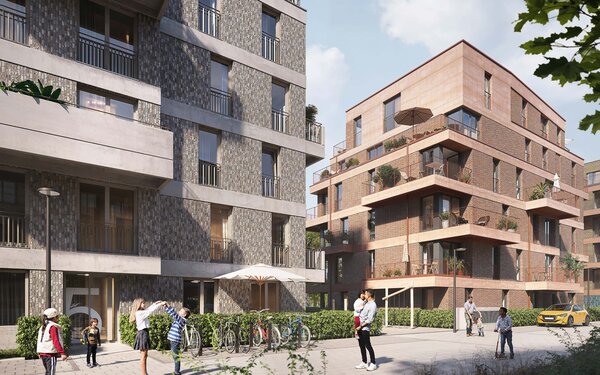 Blick auf die Hauseingänge der Häuser 4 und 5 im Bramquartier