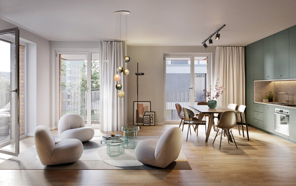 Visualisierung des Wohnbereichs einer Eckwohnung im Bramquartier