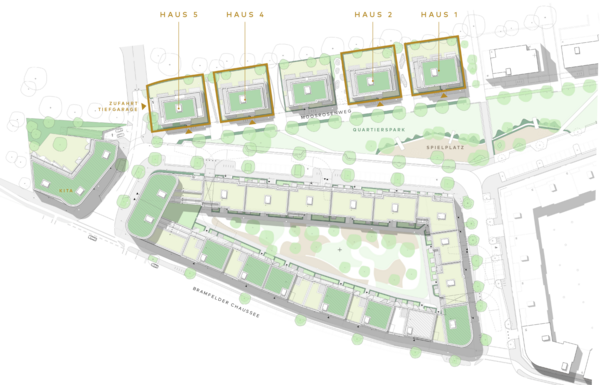 Lageplan des Bramquartiers mit den 4 Punkthäusern, Quartierspark mit Spielplatz und Kita