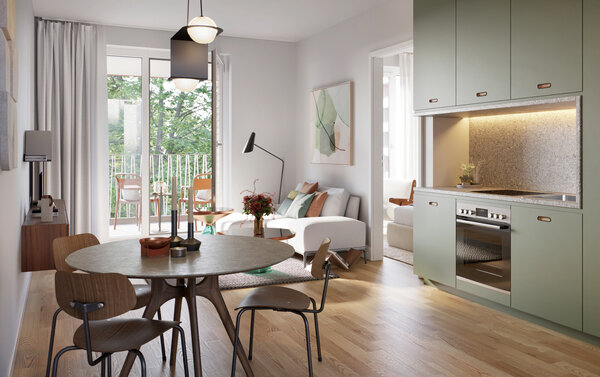 Visualisierung des Wohnraumes einer Eigentumswohnung im Bramquartier