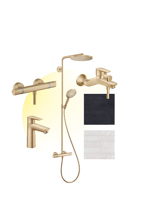 Abbildung der Ausstattungslinie Amber mit bernsteinfarbenen Armaturen und einem eleganten Fliesenmix 