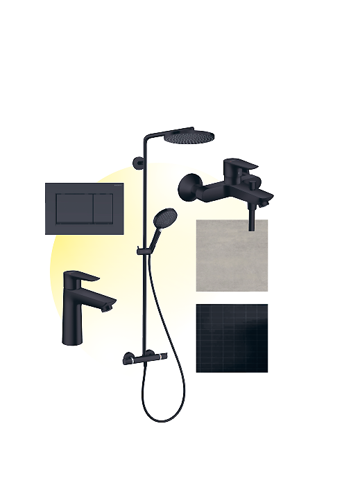 Abbildung der Ausstattungslinie Concrete mit betonfarbenen und dunklen Fliesen sowie mattschwarzen Armaturen 