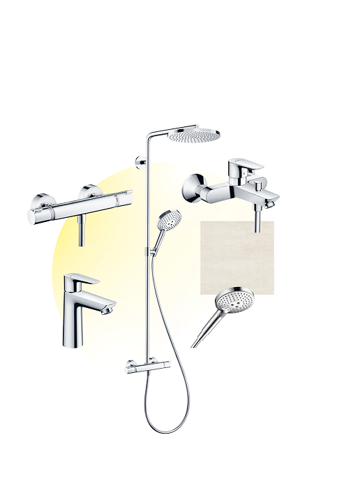 Abbildung der Ausstattungslinie Sand mit Chrom-Armaturen und hellen Fliesen  