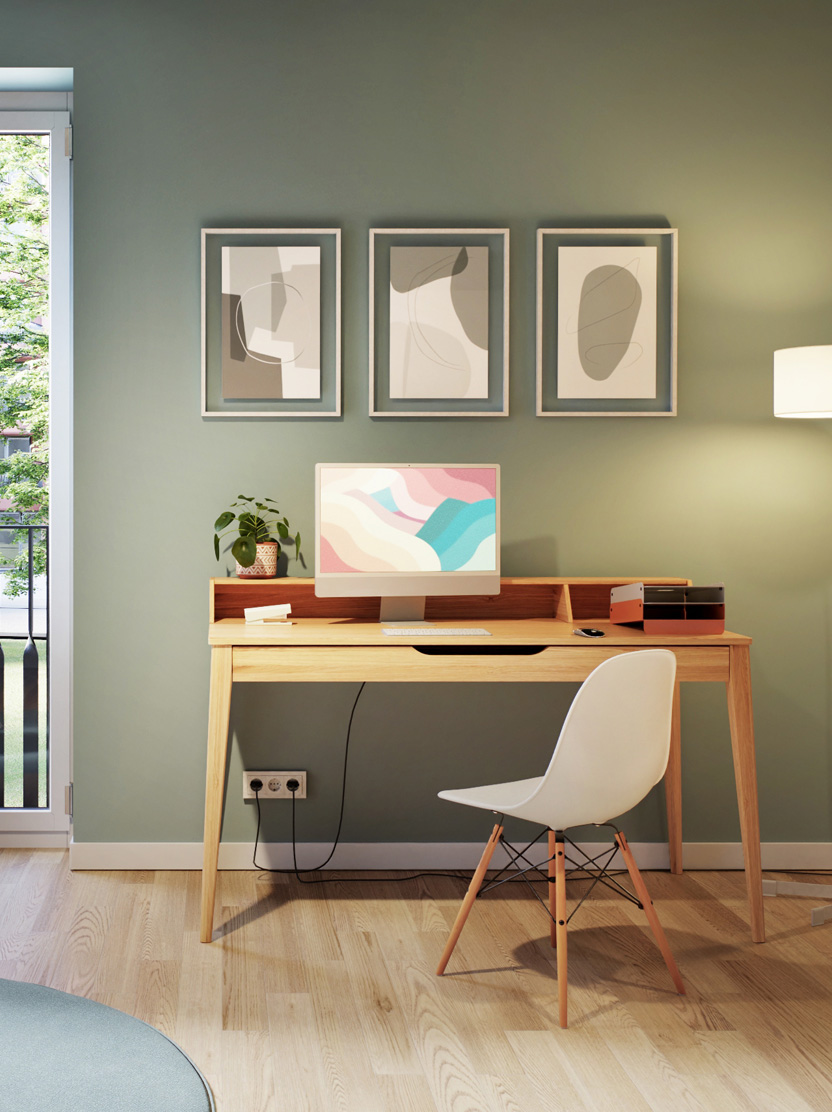 Visualisierung des Arbeitszimmers einer Eigentumswohnung im Bramquartier