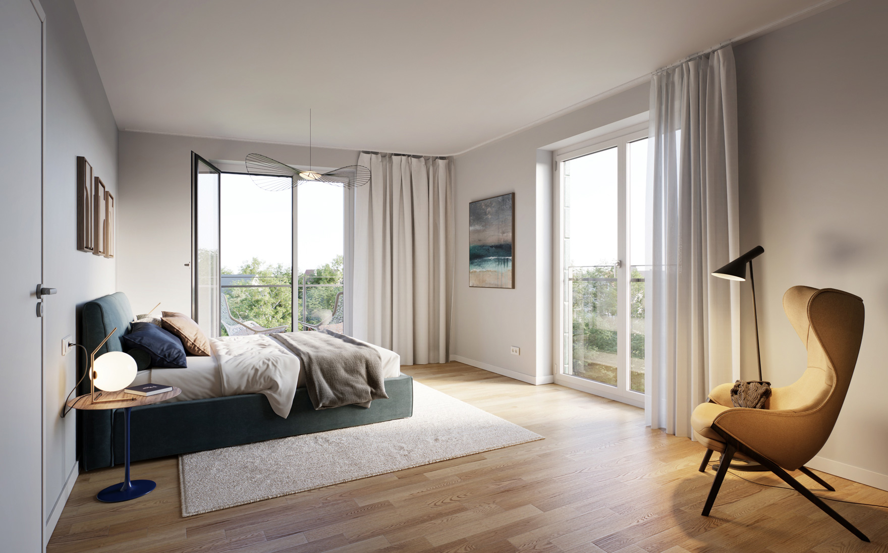 Visualisierung des Schlafzimmers einer Eigentumswohnung im Bramquartier